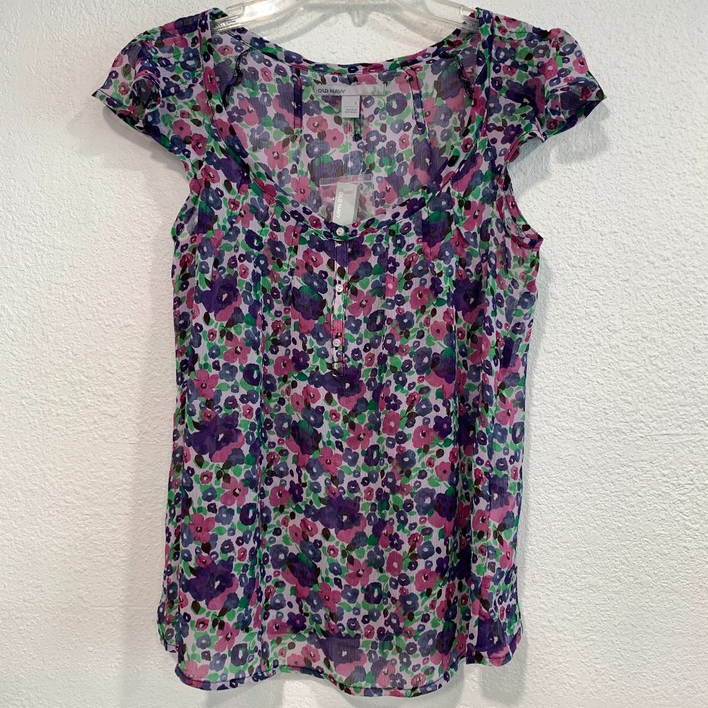 NWT Old Navy 1/4 Button Up Semi Sheer Floral Top Cap Sleeves MultiColor Size S